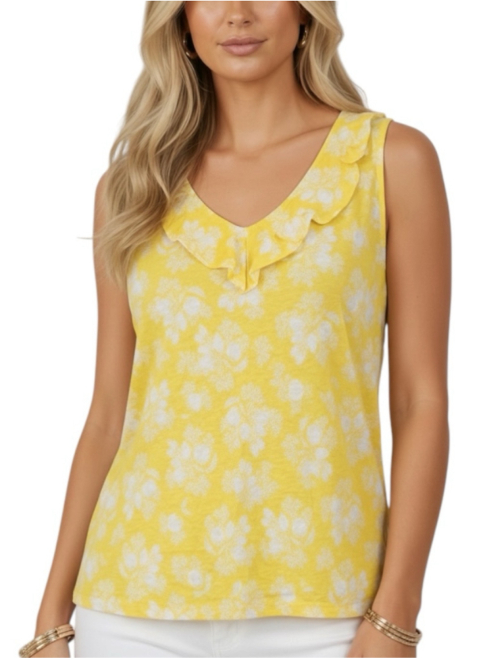 NWT ANN TAYLOR Yellow & White Ruffle V-Neck Sleeveless Top Size X-Large